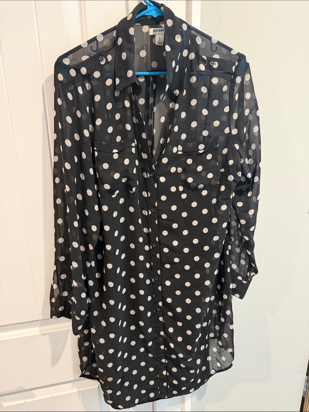 Old Navy Black and White Polka Dot Long-Sleeve Shirt Dress
